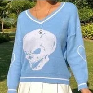 Baby Blue Cropped sweater with Skull and hearts Size Small or kids XL